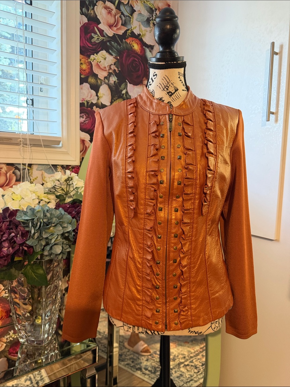 Women's Faux Leather Ruffle-Trim Jacket in Rust in size Small